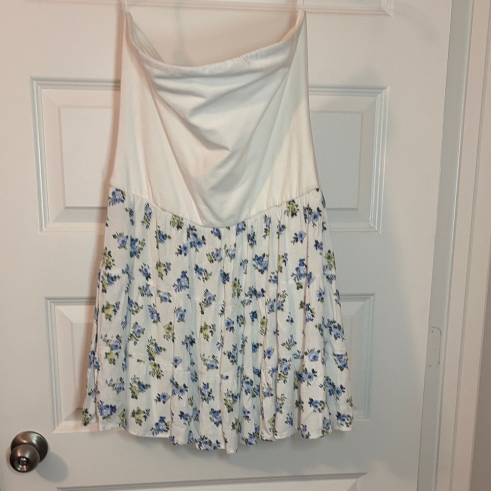 Thirty/Thirty LA White & Blue strapless mini summer dress SZ XL floral vacay NWT
